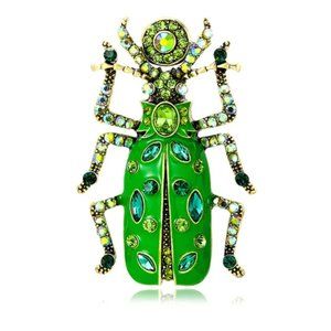 Big beautiful rhinestone adorned Beetle Brooch in Bright Green enamel